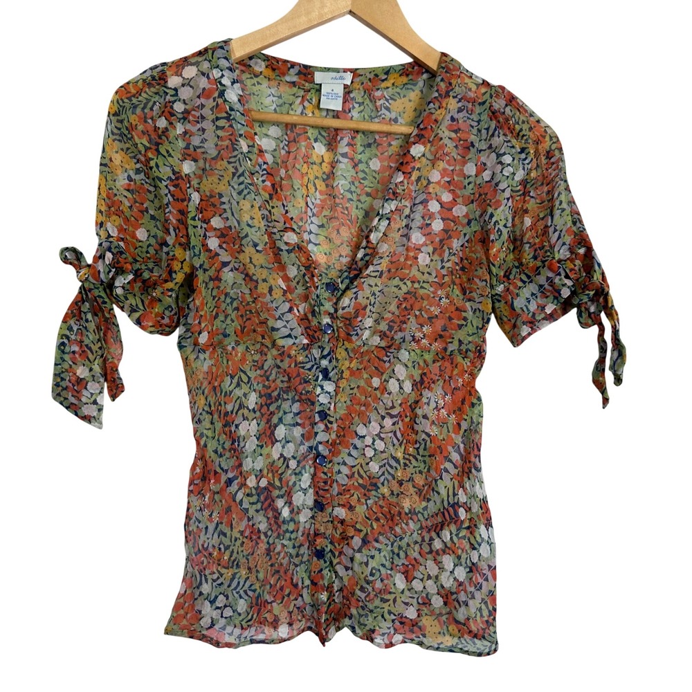 Odille Anthropologie Silk Floral V-Neck Button Front Tie Sleeve Blouse Top sheer